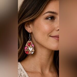 Handmade Multicolor Heart Wooden Dangle Earrings Romantic Statement Jewelry